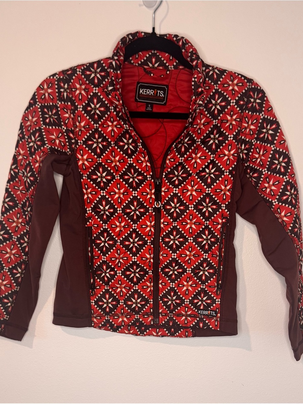 Kerrits Womens Small Quilted Equestrian Riding Jacket Red Horse Print Full Zip